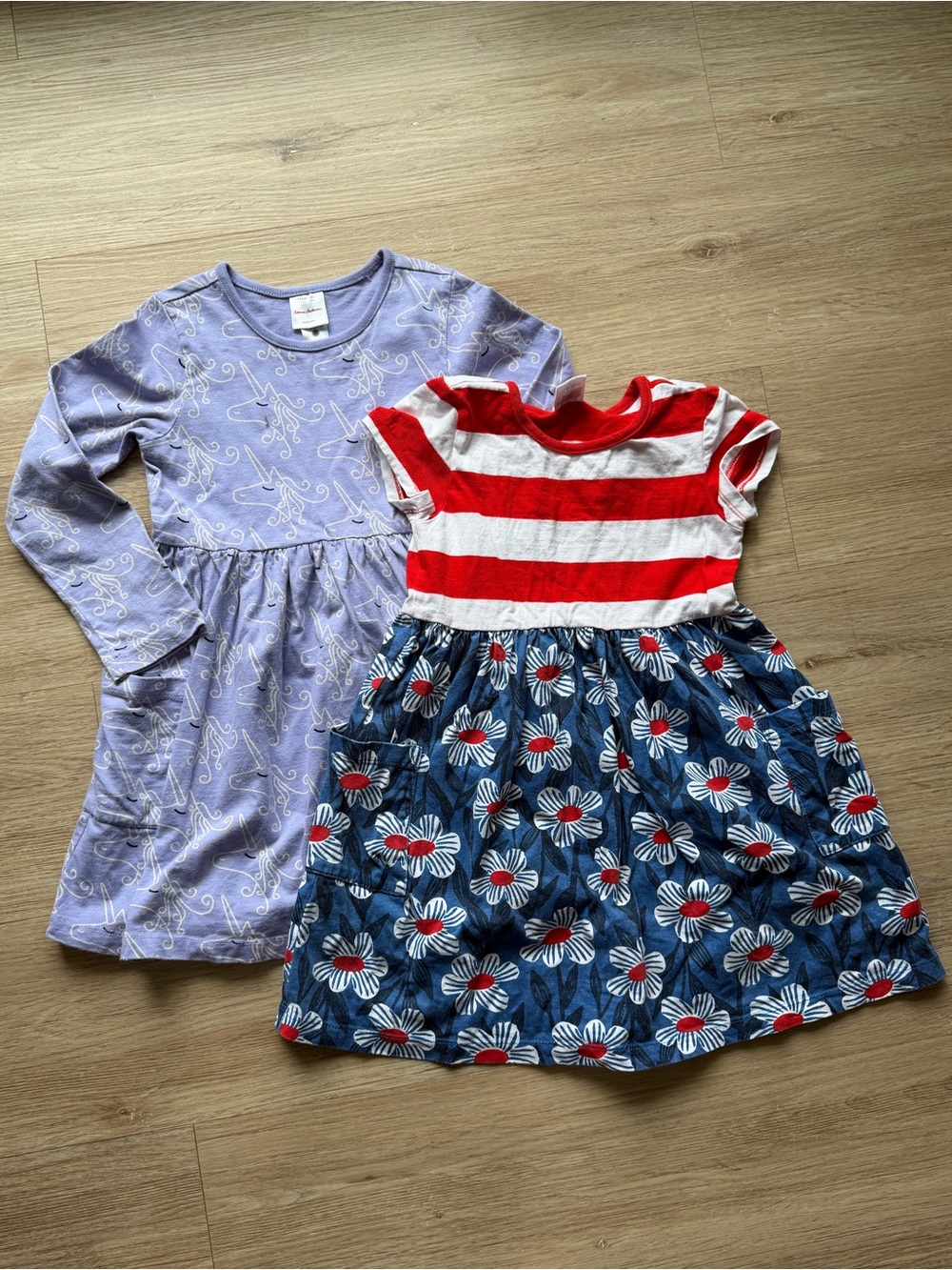 Hanna Andersson Floral Unicorn Print 2 Dresses Size 110 US 5 Skater Pockets